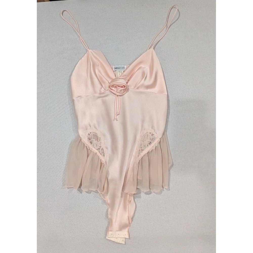 Lauren Alexandra Bodysuit Women S Pink Excellent Vintage Satin Lace Rosette Trim